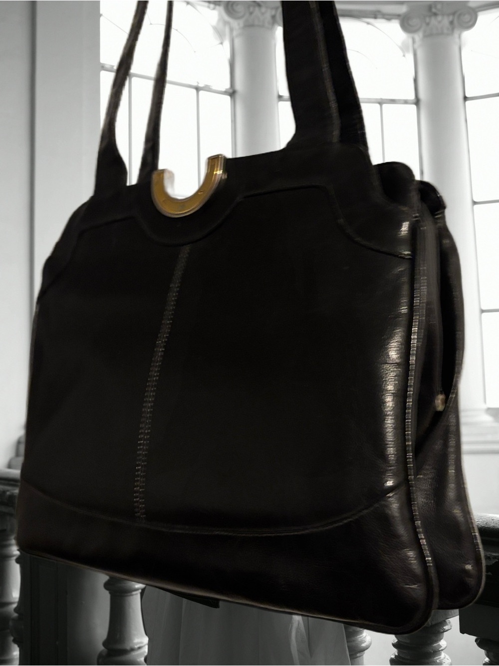 Vintage Lou Taylor Black Leather Shoulder Bag with Gold Accent